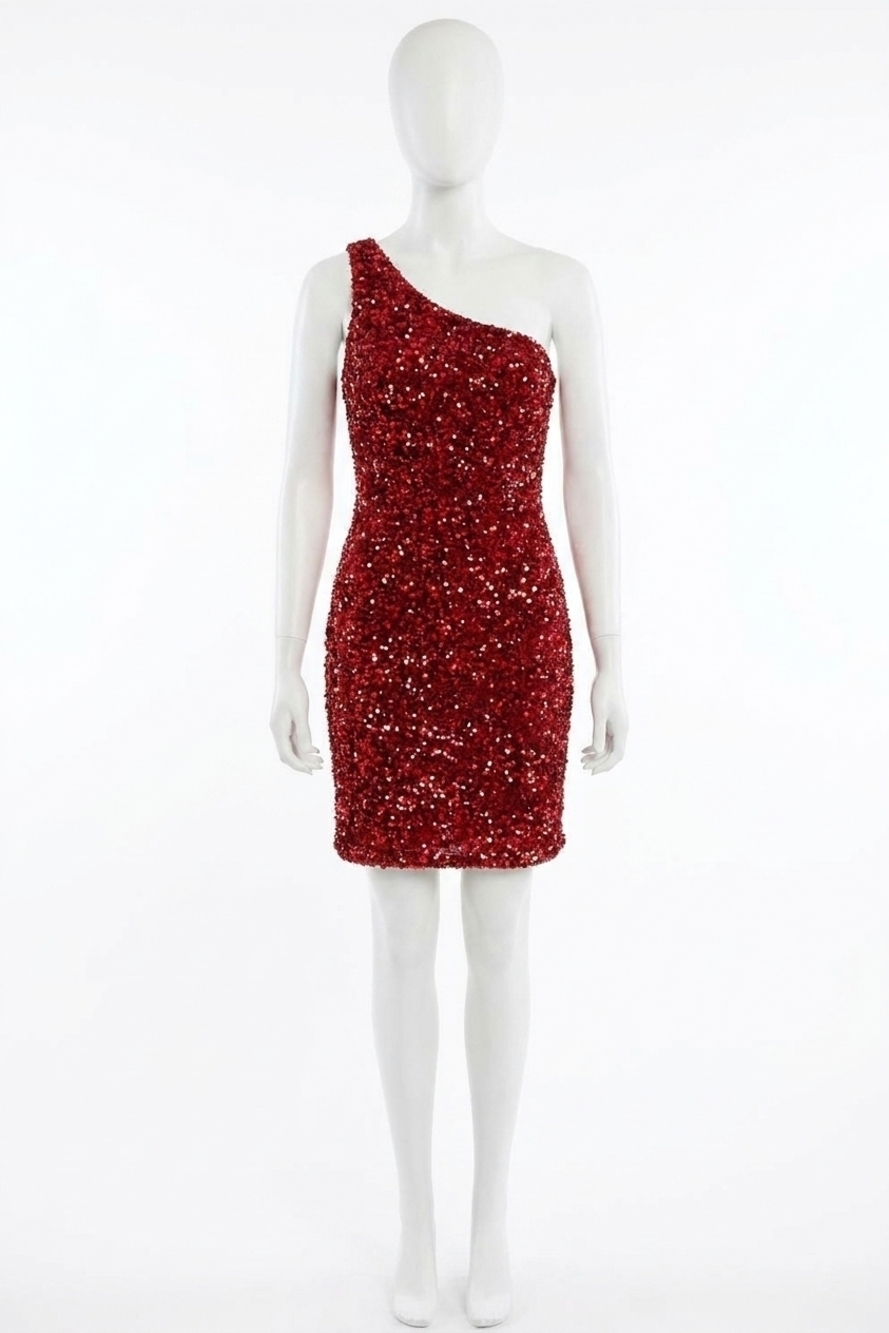 NEW SHERRI HILL women's one shoulder short sequin dress in red